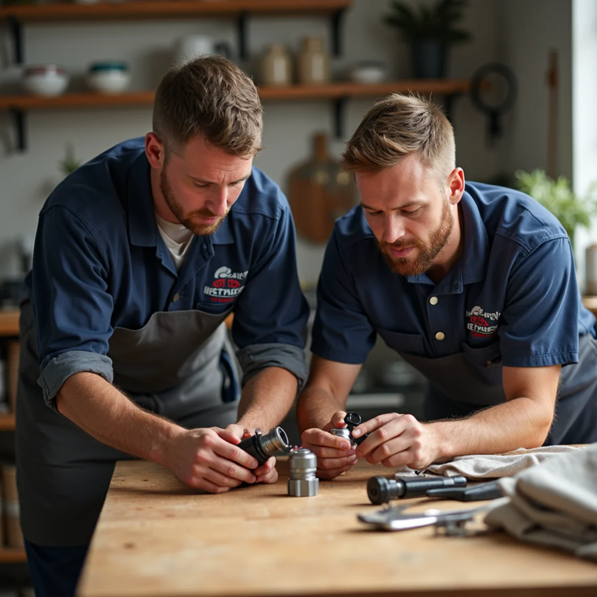 Licensed Connecticut P-1 master plumbers reviewing residential plumbing plans at Kings Hwy N shop