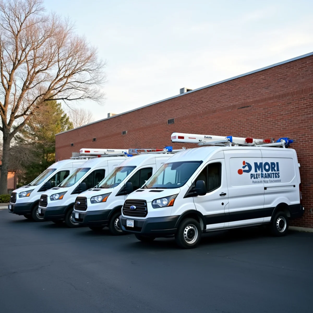 Westport Pro Plumbing branded service vans lined up outside Westport Connecticut facility