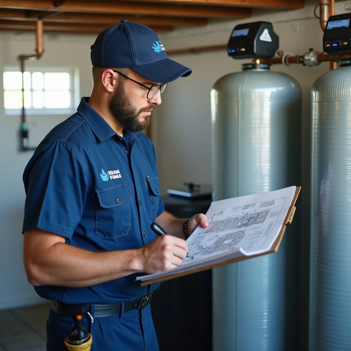 Plumbing engineer reviewing home water filtration blueprints and diagnostics