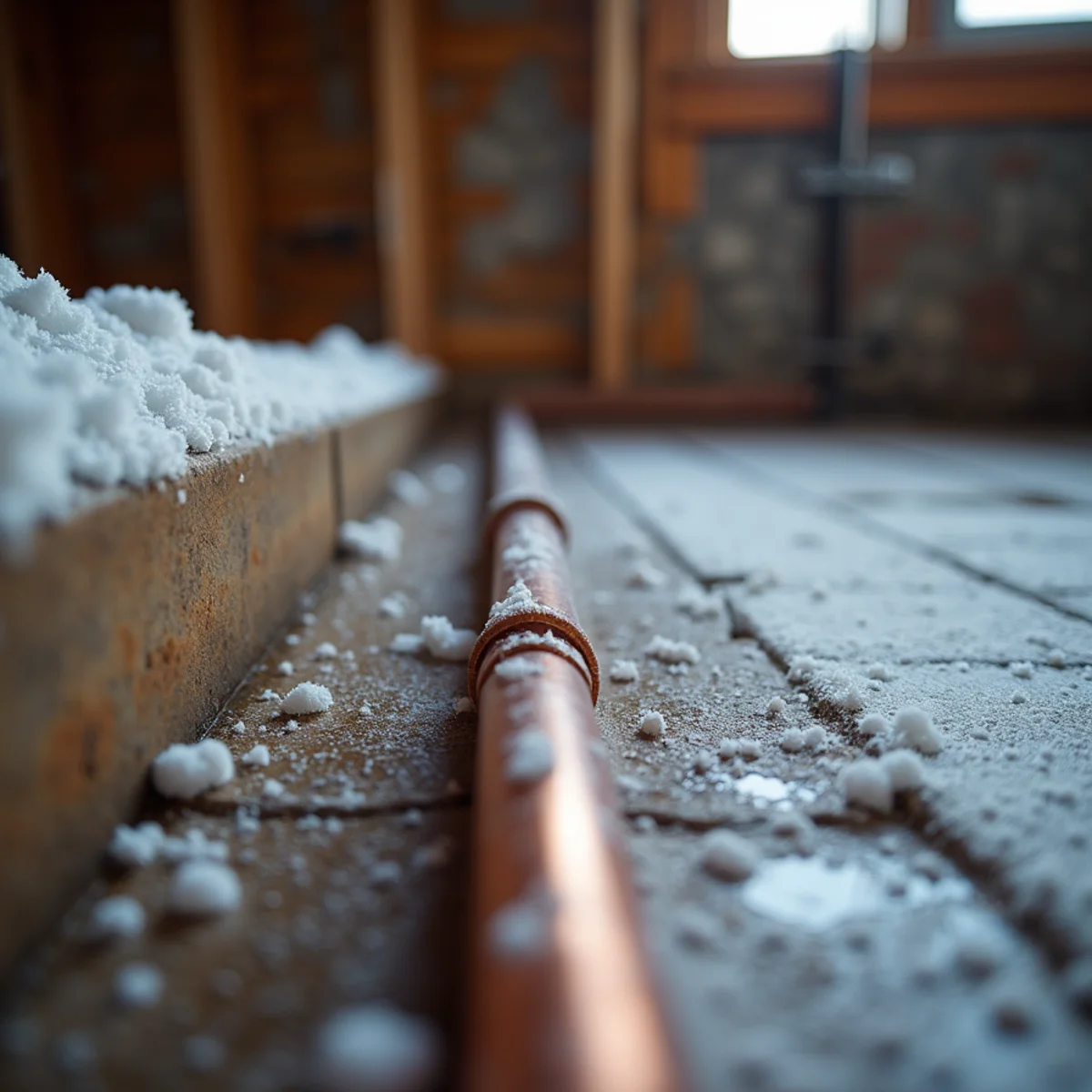 Frost covered plumbing line in unheated Connecticut attic during winter freeze