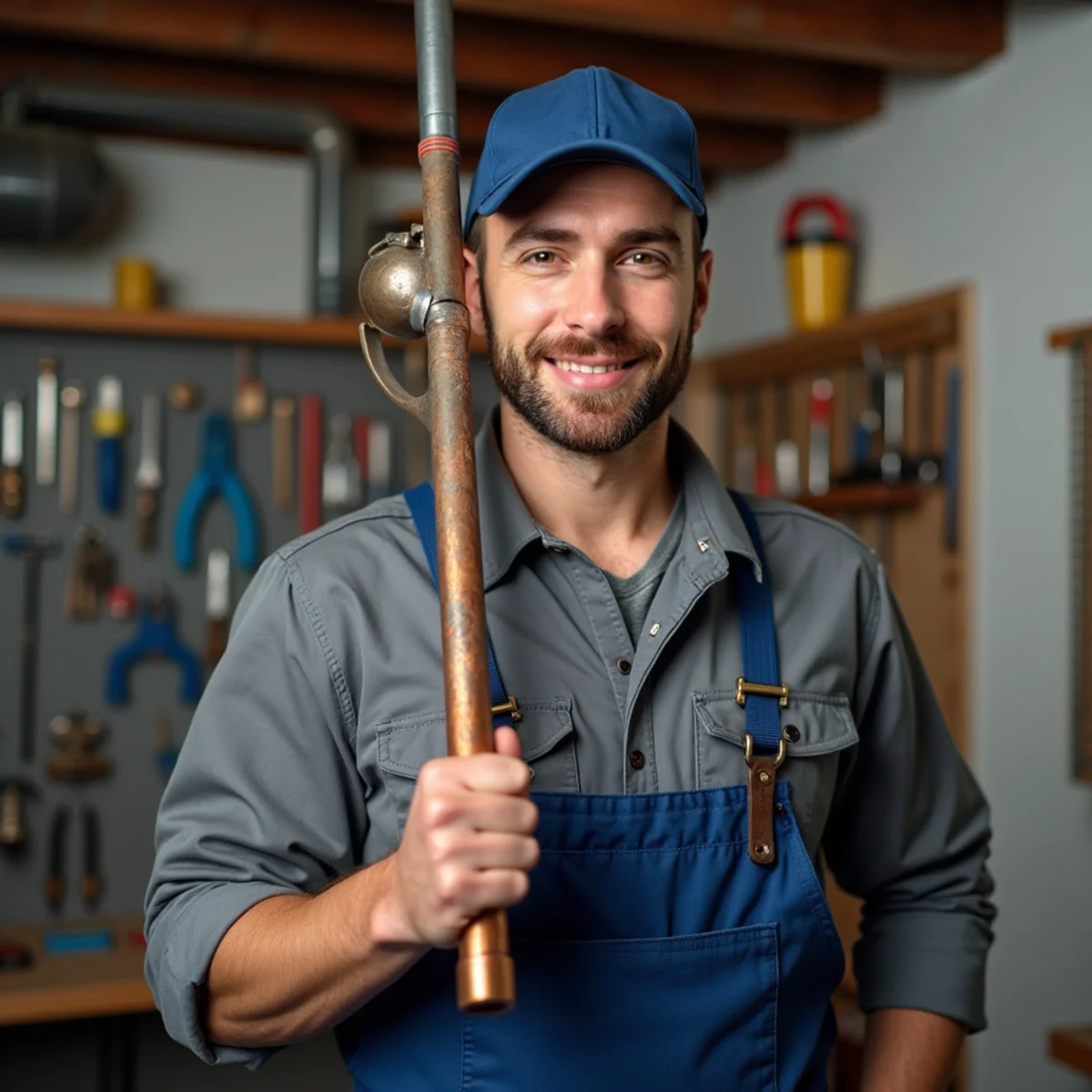 Licensed master plumber with pipe wrench and ProPress tool in Westport CT home