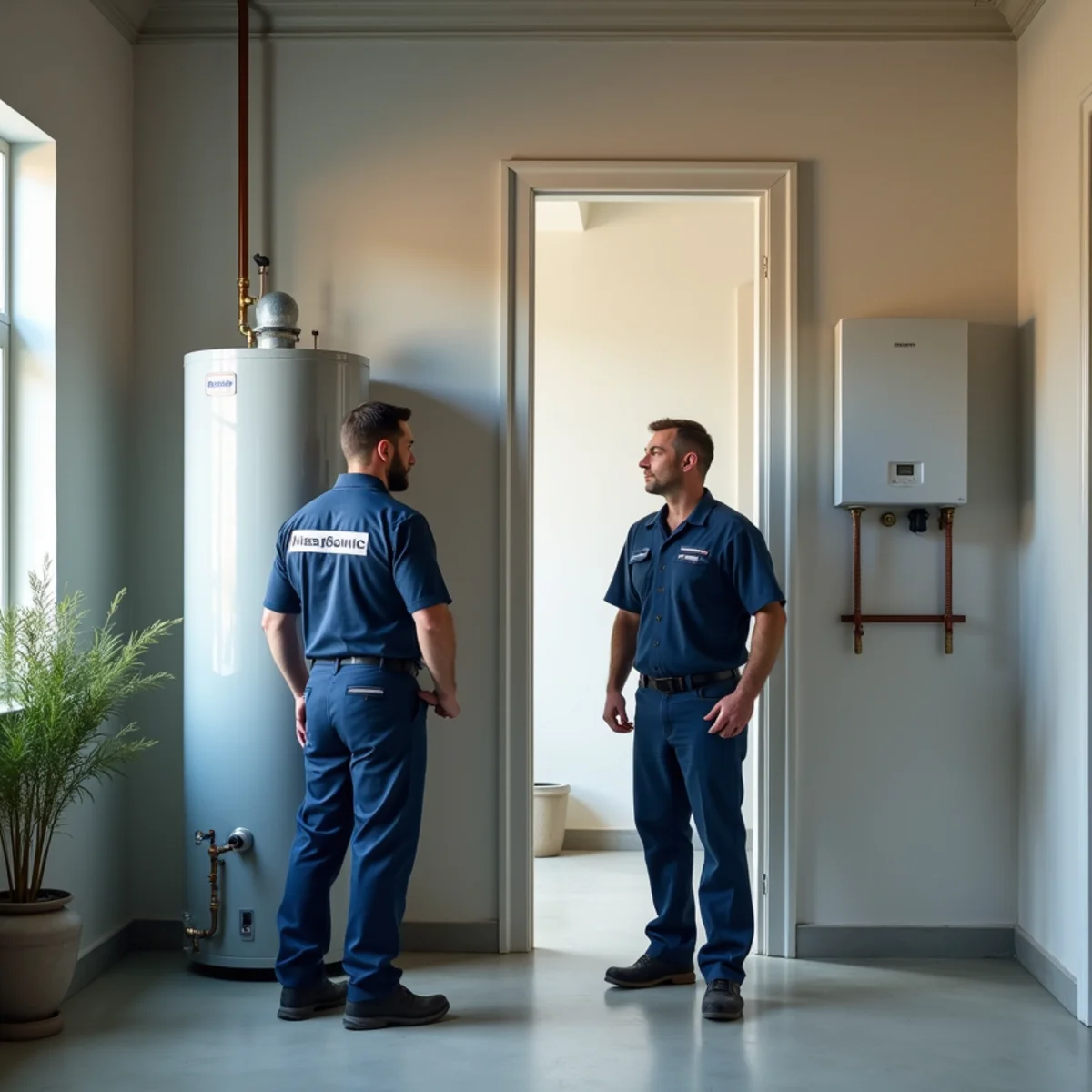 Side-by-side comparison of traditional tank and modern wall-hung tankless water heater