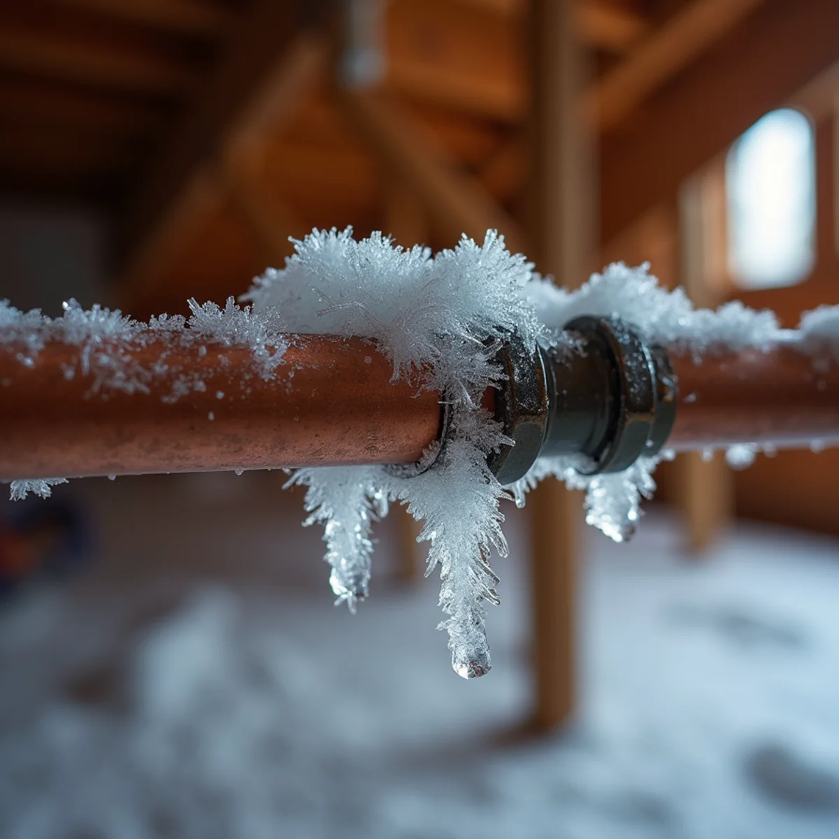Frost covered plumbing line in unheated Connecticut attic during winter freeze